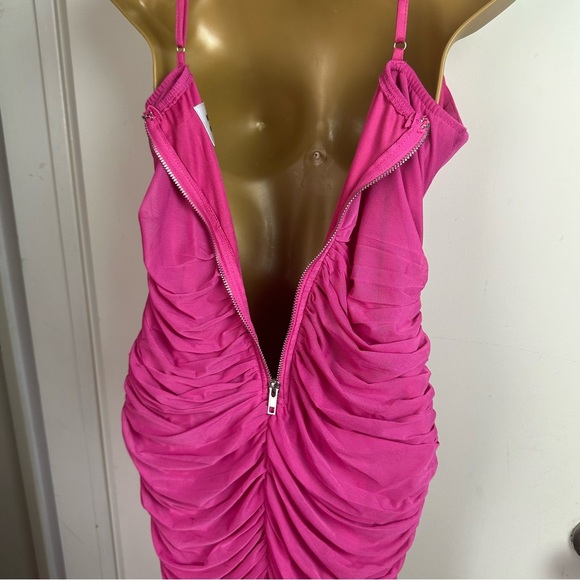 Hello Molly Hot Pink Adjustable Spaghetti Strap Mesh Overlay Ruched Mini Dress 8 - Picture 6 of 15